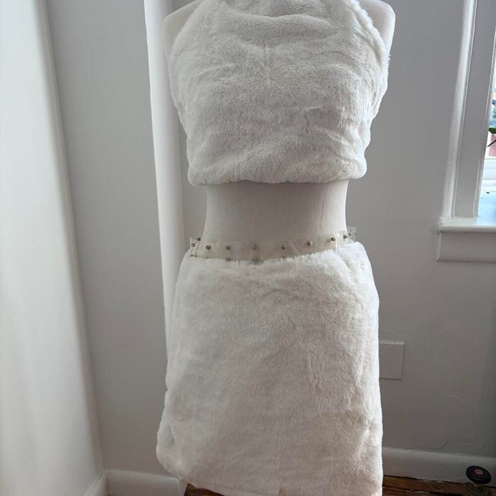White Faux Fur Two Piece Set with Plastic and Rhinestone details